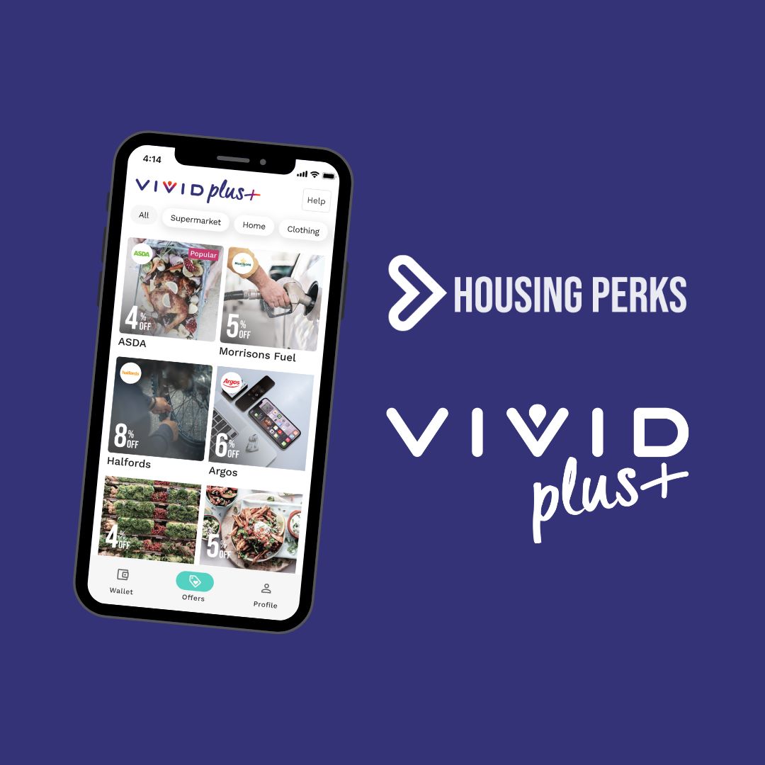 screenshot of Housing Perks app, next to the VIVID Plus logo and Housing Perks logo
