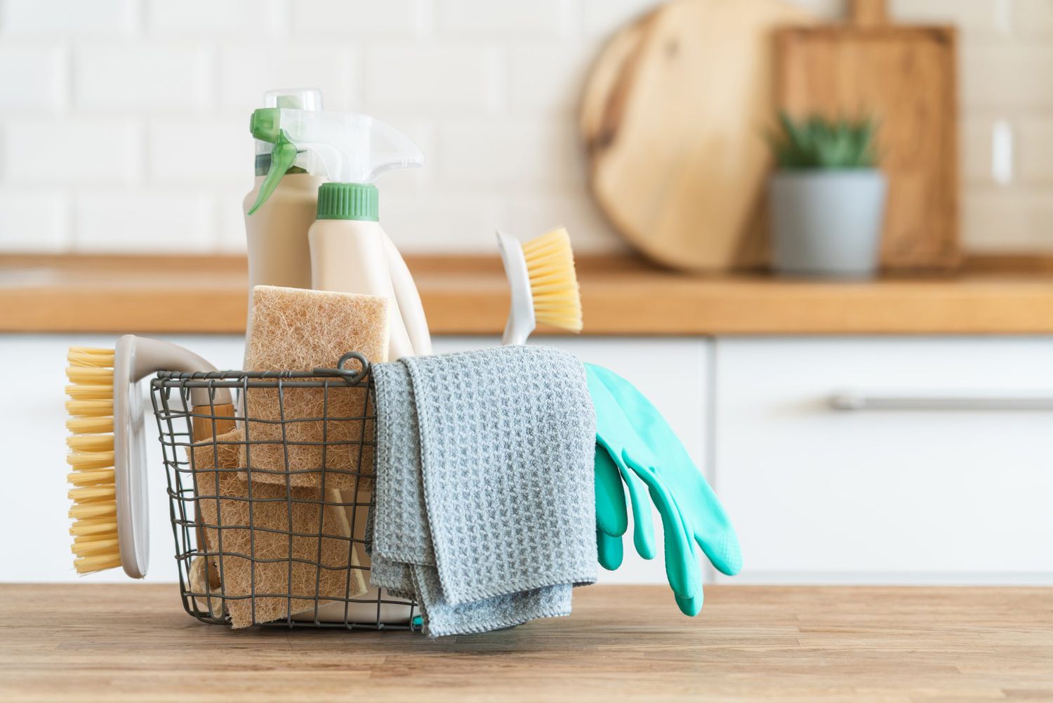 Cleaning products on a kitchen counter